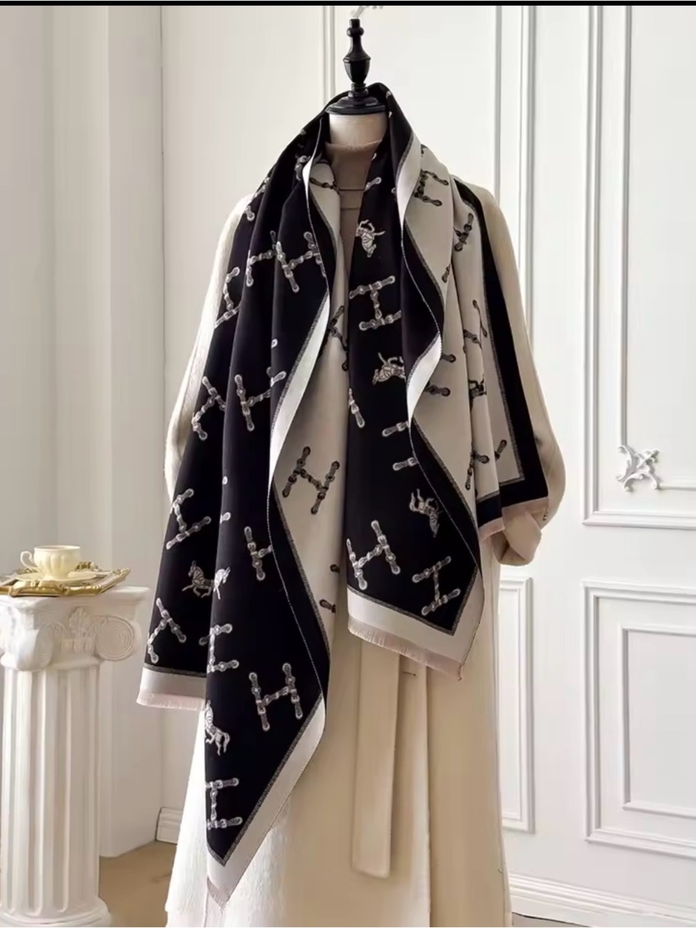 Reversible Black & Cream Printed Wrap Scarf - Women Accessories(PRE ORDER)